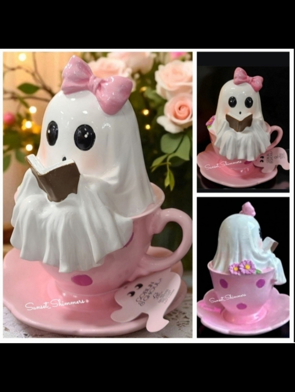 Halloween Ghost Girl In Teacup Reading Book Pink Coquette Bow Polka Dot Flowers